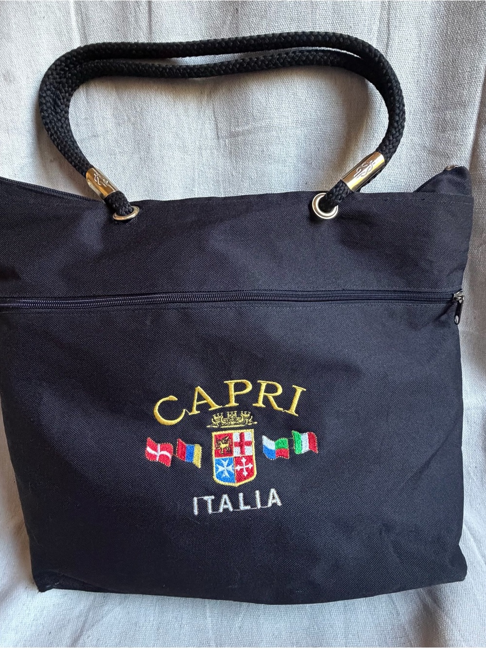 Vintage Capri Italia Black Embroidered Souvenir Tote Bag